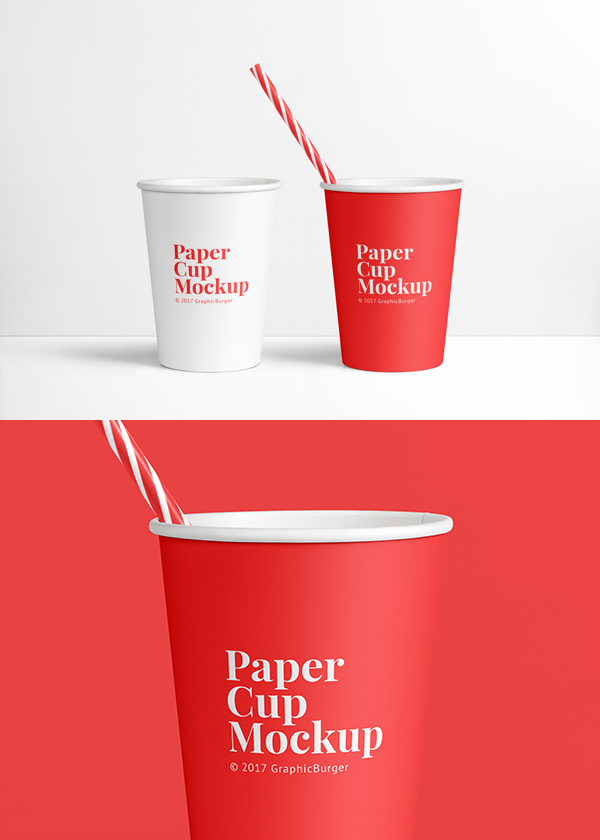 Free Paper Cups with Straw Mockup (PSD)